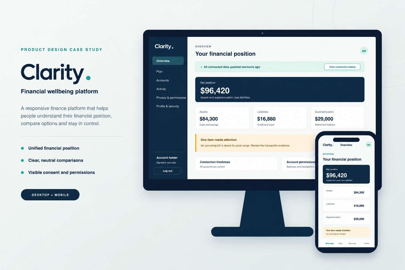 Clarity financial wellbeing platform on desktop and mobile